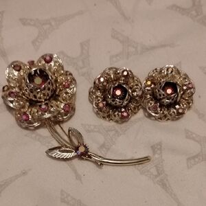 Vintage Sarah Coventry Floral Costume Jewelry Set Pin Brooch & Clip On Earrings